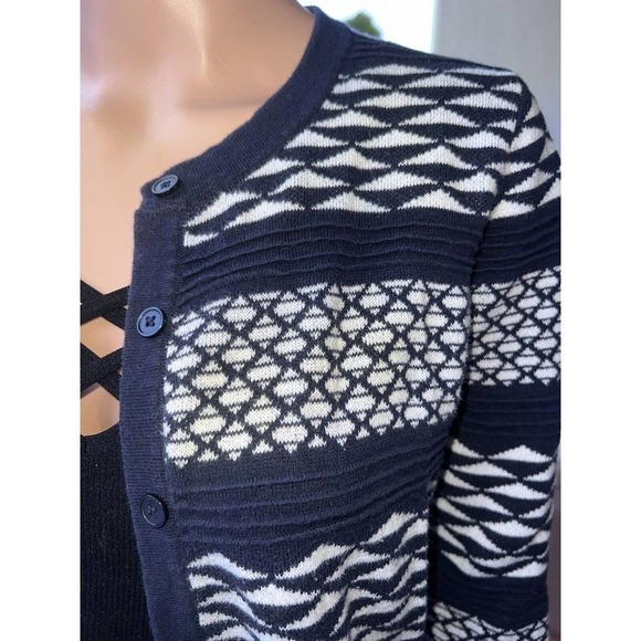Merona Button-Up Womens Knit Sweater Cardigan 3/4 Sleeve Blue White S - Picture 4 of 8
